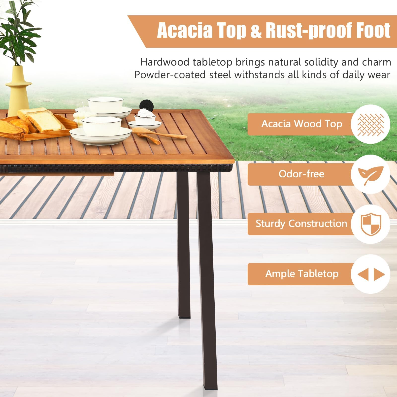 RELAX4LIFE Tavolo da Giardino in Legno di Acacia con Foro Ombrellone 6 cm, Gambe in Metallo, per 6 Persone, Design a Doghe per Esterno, Terrazza, Patio, Portata 50KG (140x75x76cm, Rettangolare)