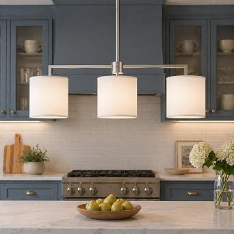 Emak 3-Light Dining Room Light Fixture, Brushed Nickel Kitchen Island Lighting with Linen Drum Shade, Modern Linear Chandeliers for Dining Room, Kitchen, Bar, IL128-BN-WF-3