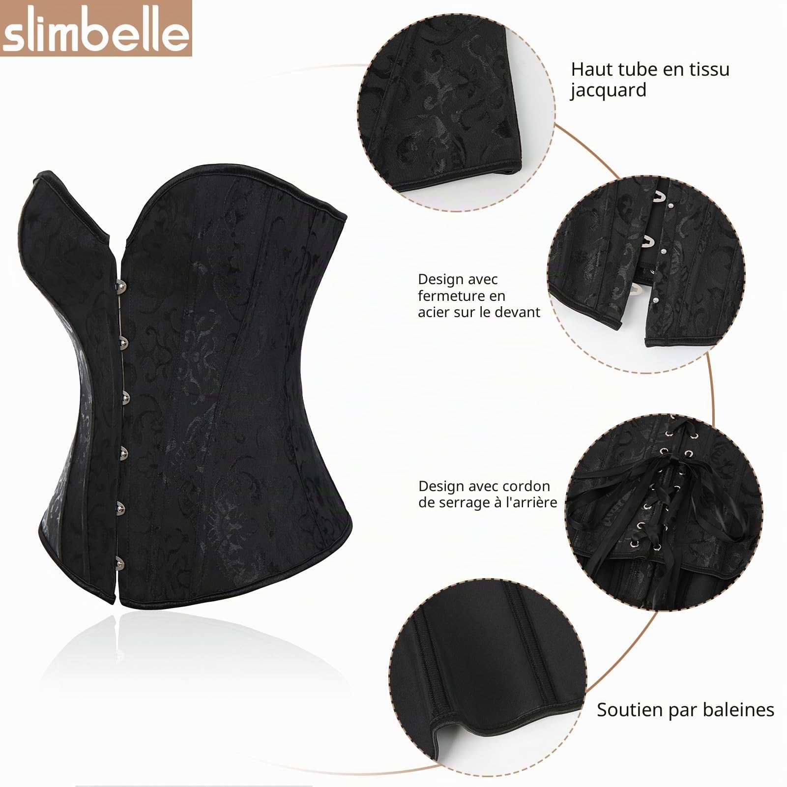 SLIMBELLE® Femmes Corset Gothique Brocart Bustier Sexy Steampunk en Satin pour Halloween Costume Lingerie de Mariée avec Ruban Lacet Overbust Top + G-String