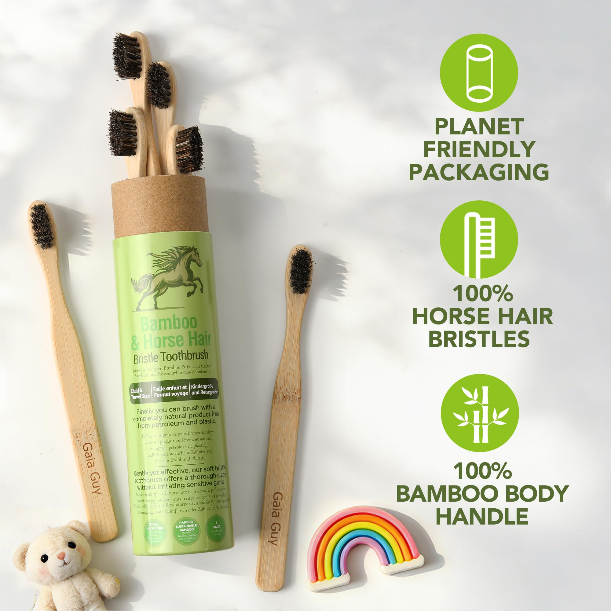 Gaia Guy Petite brosse à dents en bambou – Lot de 6 poils de cheval doux (sans nylon, sans plastique) | Taille compacte pour enfants ou adultes | 100 % compostable, biodégradable, respectueux de