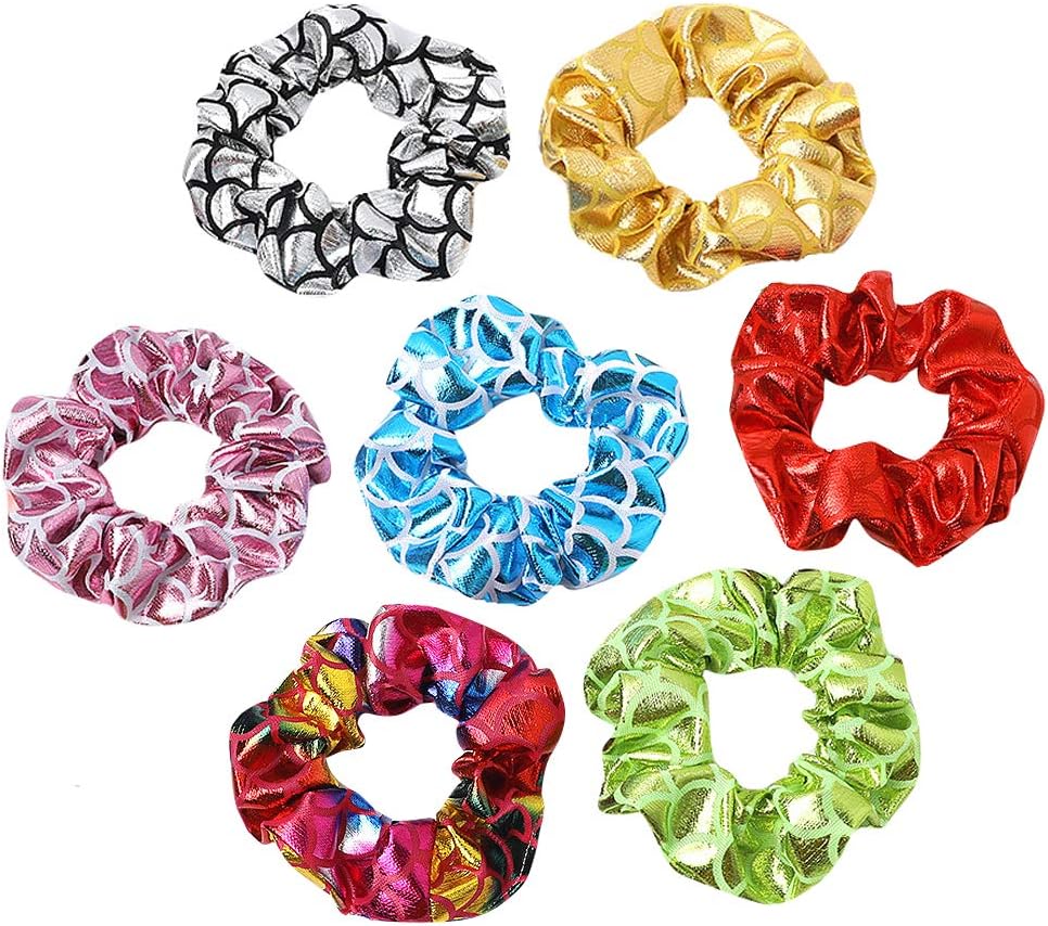 7 Pcs Hologram Metallic Assorted Colors Hair Scrunchies Shiny Hair Bobbles Elastics Ponytail Holders Hair Wrist Ties Bands Scrunchies for Show Gym Dance Party Club Girl Students