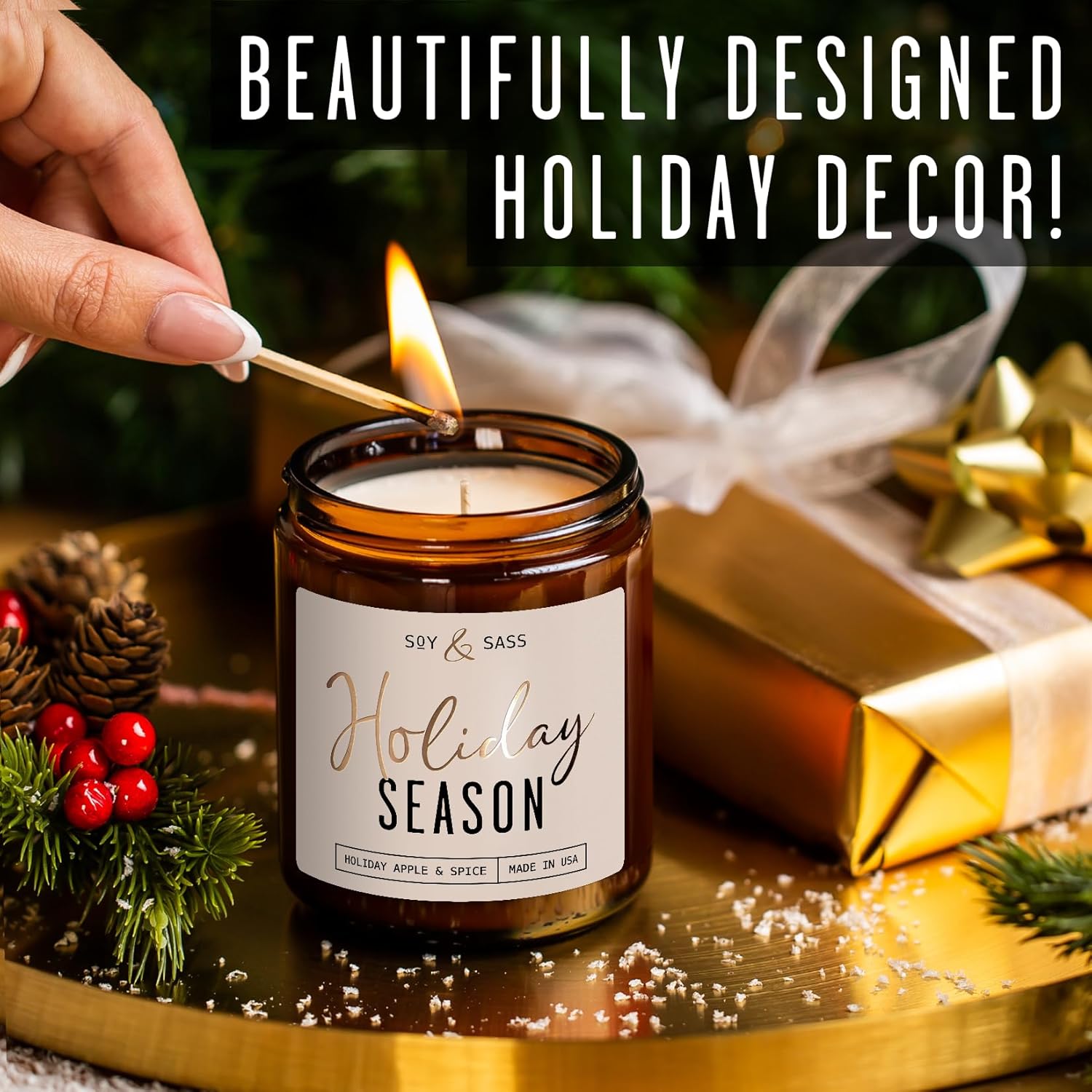 Holiday Candles, Christmas Candles Scented – ‘Holiday Season’ Soy Candle, w/Apple, Cinnamon & Clove - Infused with Essential Oils I Holiday Candle I 9oz, 50Hr, Made in USA
