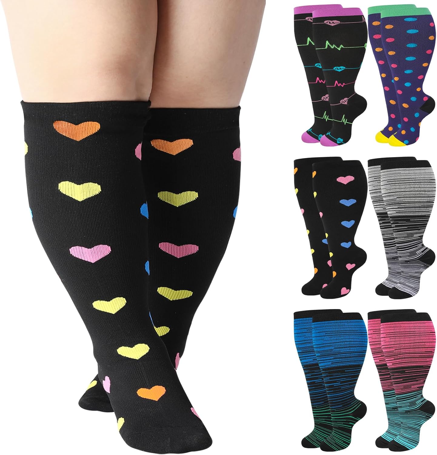 Jspupifip 6 Pairs Plus Size Compression Socks for Women Wide Calf Extra Large Knee High Support for Travel Yoga Running Circulation - Image 9