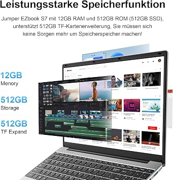 jumper Laptop 15.6 Inch FHD Display 12GB RAM 512GB ROM TF Extend 512GB 5205U Processor Notebook (up to 2.3GHz) 2 Stereo Speakers/USB 3.0/Type-C/10 Keyboard