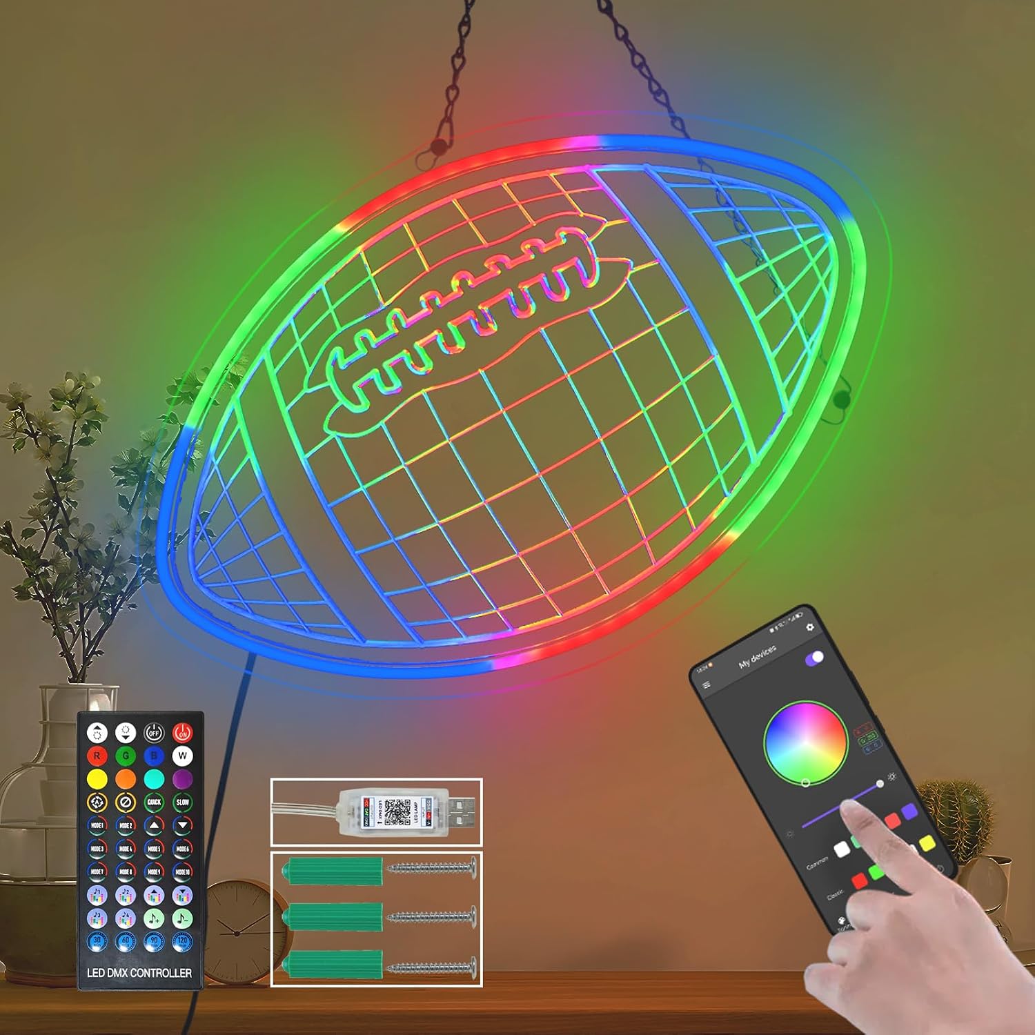 Kids Football Gifts for Boys, 16.9×10.9 Inch Led Football Neon Sign Football Wall Decor with Infrared Remote and App Control Dimmable Football Lamp as Room Decor for Football Kids Gifts
