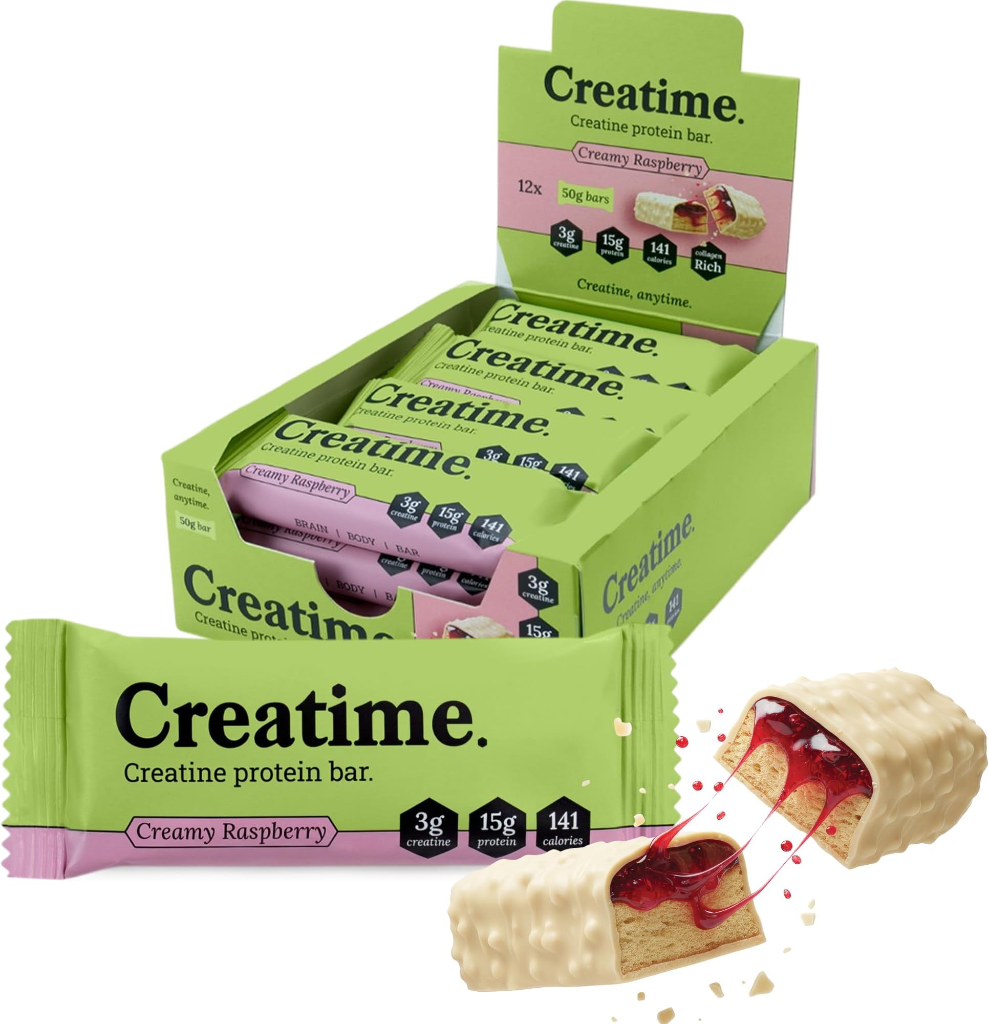 Creatine Protein Bars – High Protein, Low Sugar, Low Carb Snack with Collagen for Strength & Recovery – 15g Protein, 3g Creatine, 141 Calories – 50g x 12 (Creamy Raspberry)