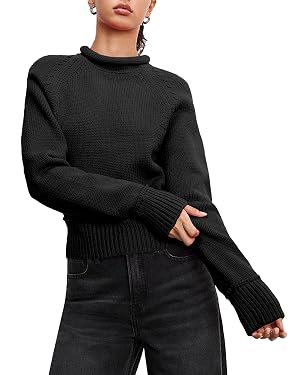 Womens 2025 Fall Winter Roll Neck Sweater Tops Casual Long Sleeve Knit Pullover Sweaters Trendy Basic Jumper Top