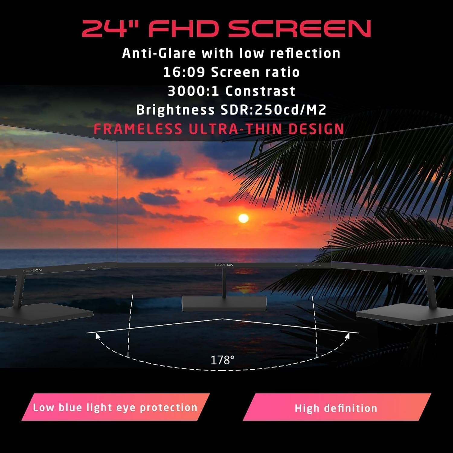 شاشة ألعاب من سلسلة بيسيك من جيم اون، GB24F75 مقاس 23.8 بوصة، لوحة VA FHD 1920×1080، 75 هرتز، 5 مللي ثانية، HDMI 1.4، مزامنة تكيفية، مكبرات صوت مدمجة، أسود - الصورة 3