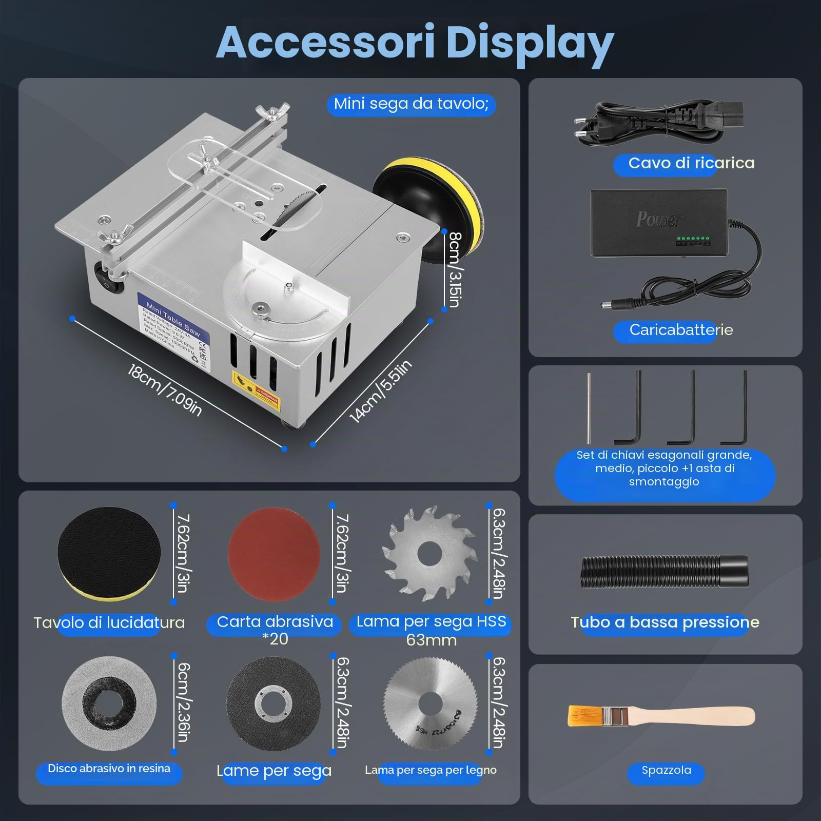 Mini sega circolare da tavolo con disco per lucidatura e 4 lame, mini sega circolare con alimentatore di rete a 7 marce, lama per sega regolabile da 0,1 a 15 mm, sega circolare portatile piccola per