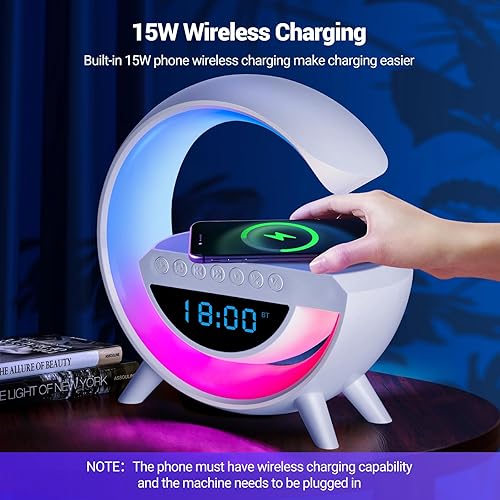 Miniatura 3 de OTeedo Lámpara de atmósfera con altavoz Bluetooth de carga inalámbrica con reloj despertador, máquina de sonido, luz nocturna, cargador inalámbrico