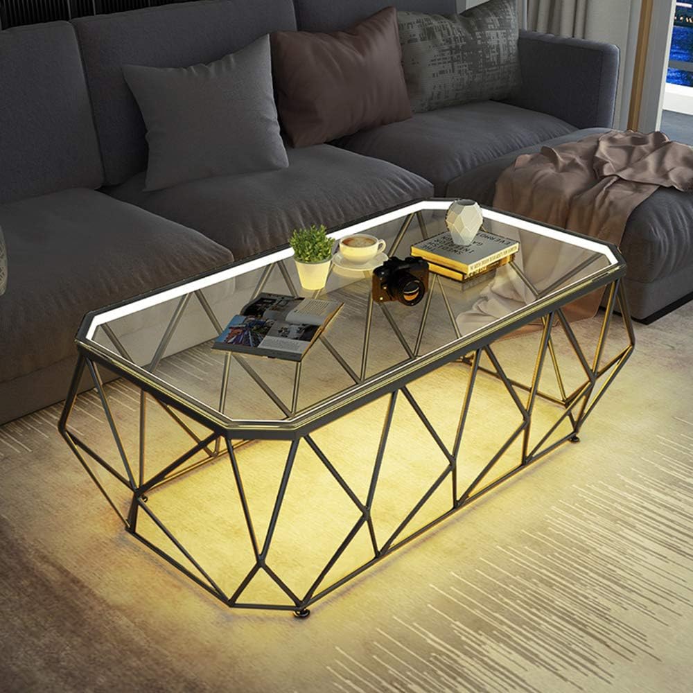 Side Table/End Table,Nordic Minimalist Tea Table Rectangle Coffee Table Tempered Glass End Table with Metal Frame and Light Strip for Living Room Bedroom Office