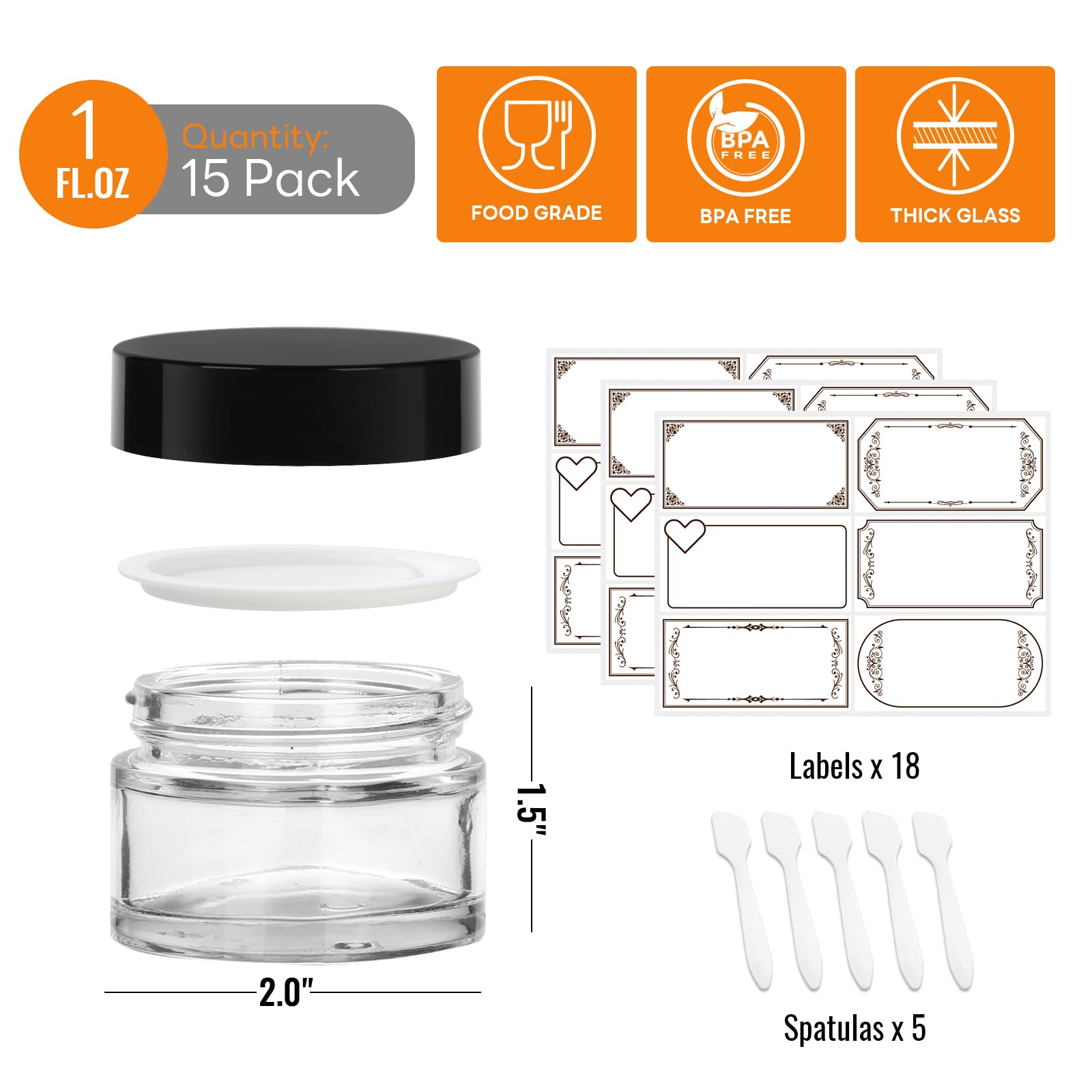 15 Pack 1 oz Glass Jars with lids, Clear Cosmetic Jars with Inner Liners and Black Lids, Lotion Jars, Candle Making Jars for Lotions, Scrubs and Cosmetic, Lables and Spatulas Include