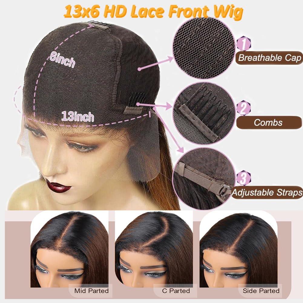 Ombre Brown Short Kinky Straight Human Hair Wig 4C Kinky Edges 13x6 HD Lace Front Bob Wig Glueless Yaki Straight Blunt Cut Bob Wig with Natural Hairline for Women 12 Inch