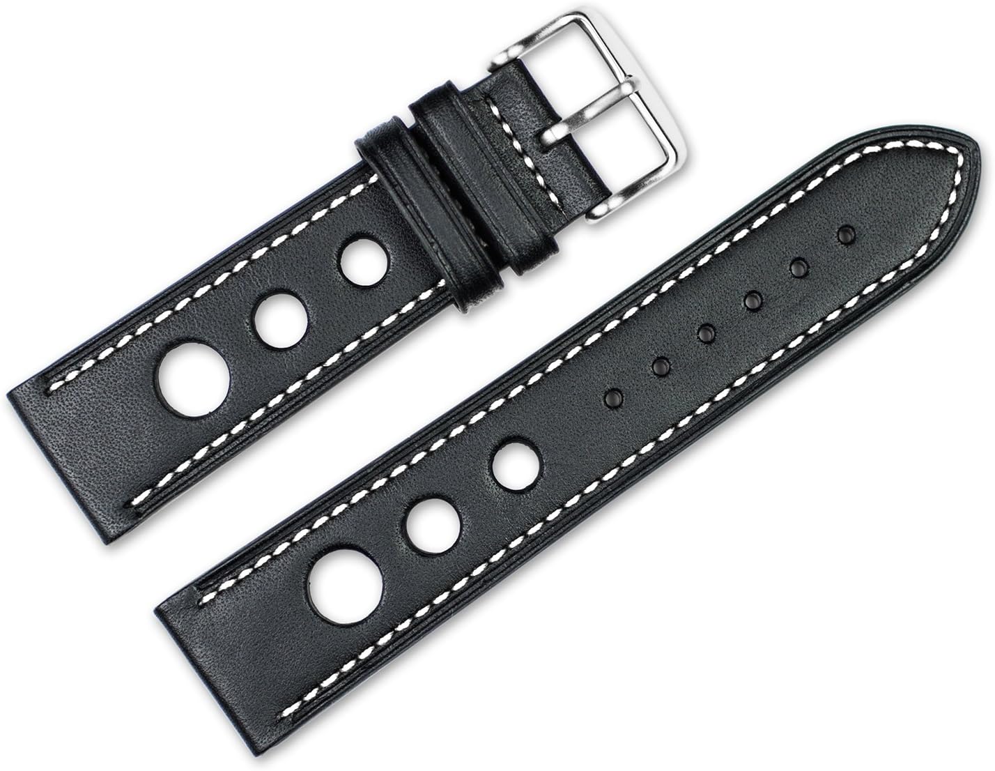 deBeer 22mm Leather Watch Band - Leather Grand Prix - Black w/white stitching Watch Strap
