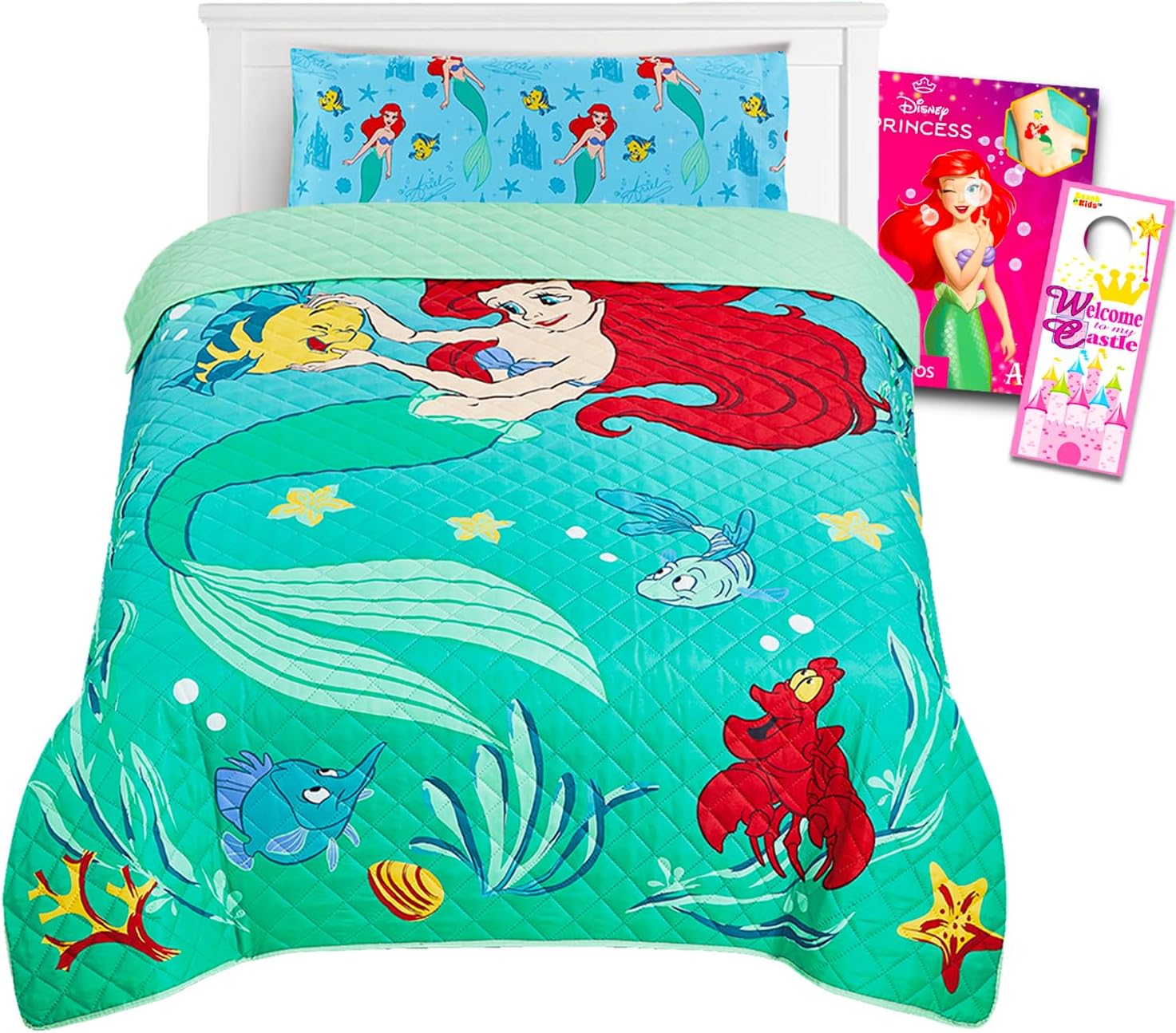 The Little Mermaid Twin Size Bedding Set - Bundle with Ariel Bedspread, Flat & Fitted Sheet, Pillowcase, Tattoos, More | Little Mermaid Bedroom Decor
