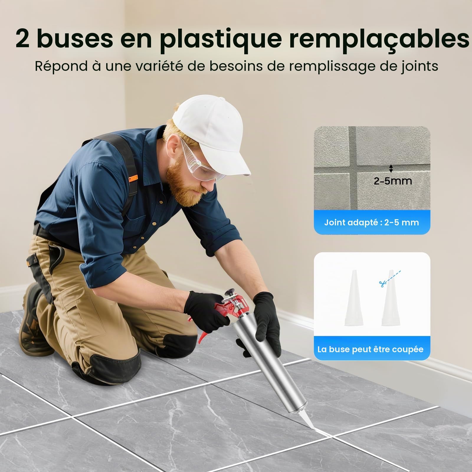 Pistolet à joint pour mortier avec 2 buses-Pompe manuelle en acier inoxydable, pelle, seringue à béton, outil de jointoiement pour carrelage, maçonnerie, silicone et mastic