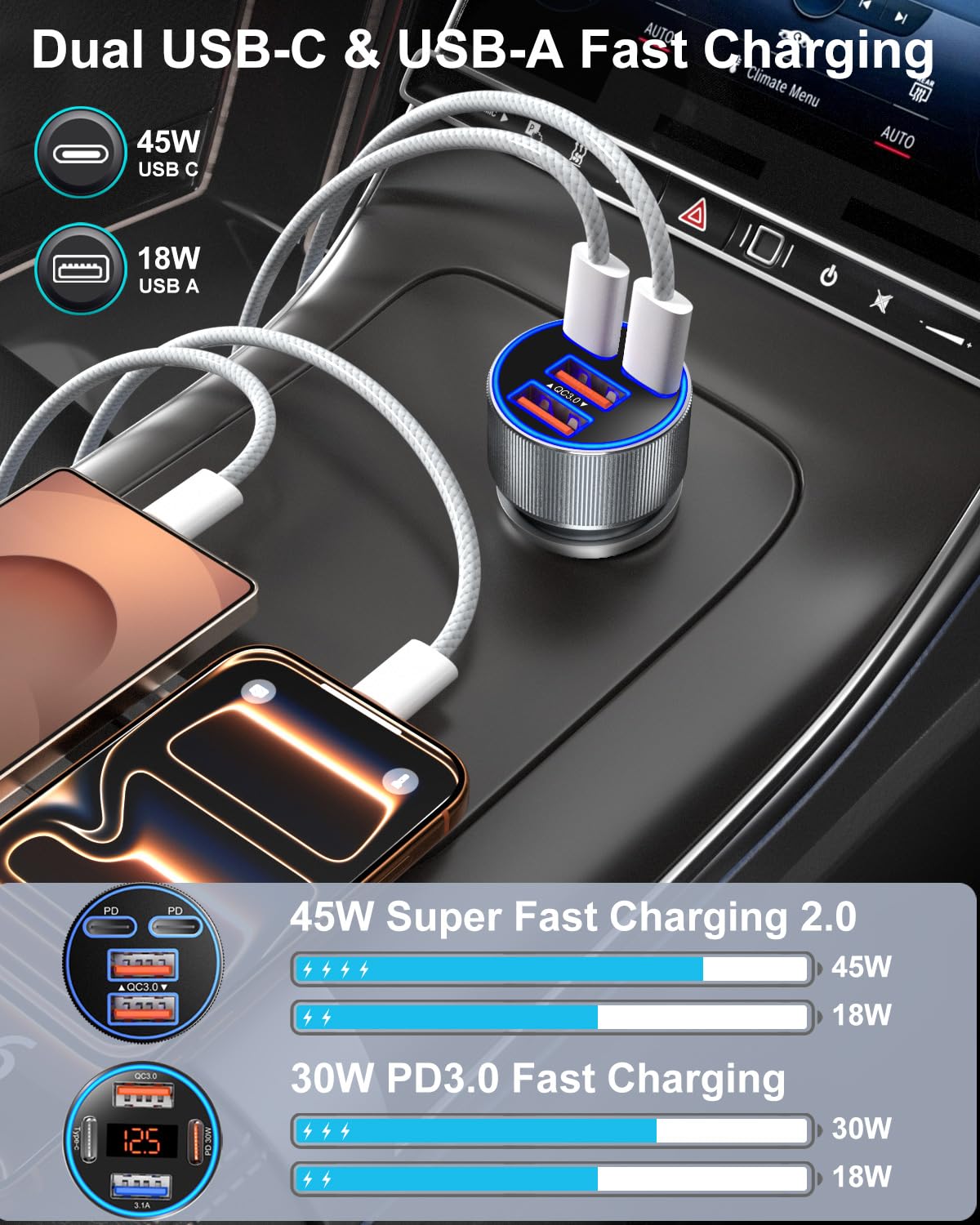 Cargador de coche USB C, adaptador de encendedor de cigarrillos de carga súper rápida de 90 W, multipuerto, dual, 45 W, 12 V, USB-A y USB-C PD/QC 3.0, cargador de teléfono de coche rápido para iPhone