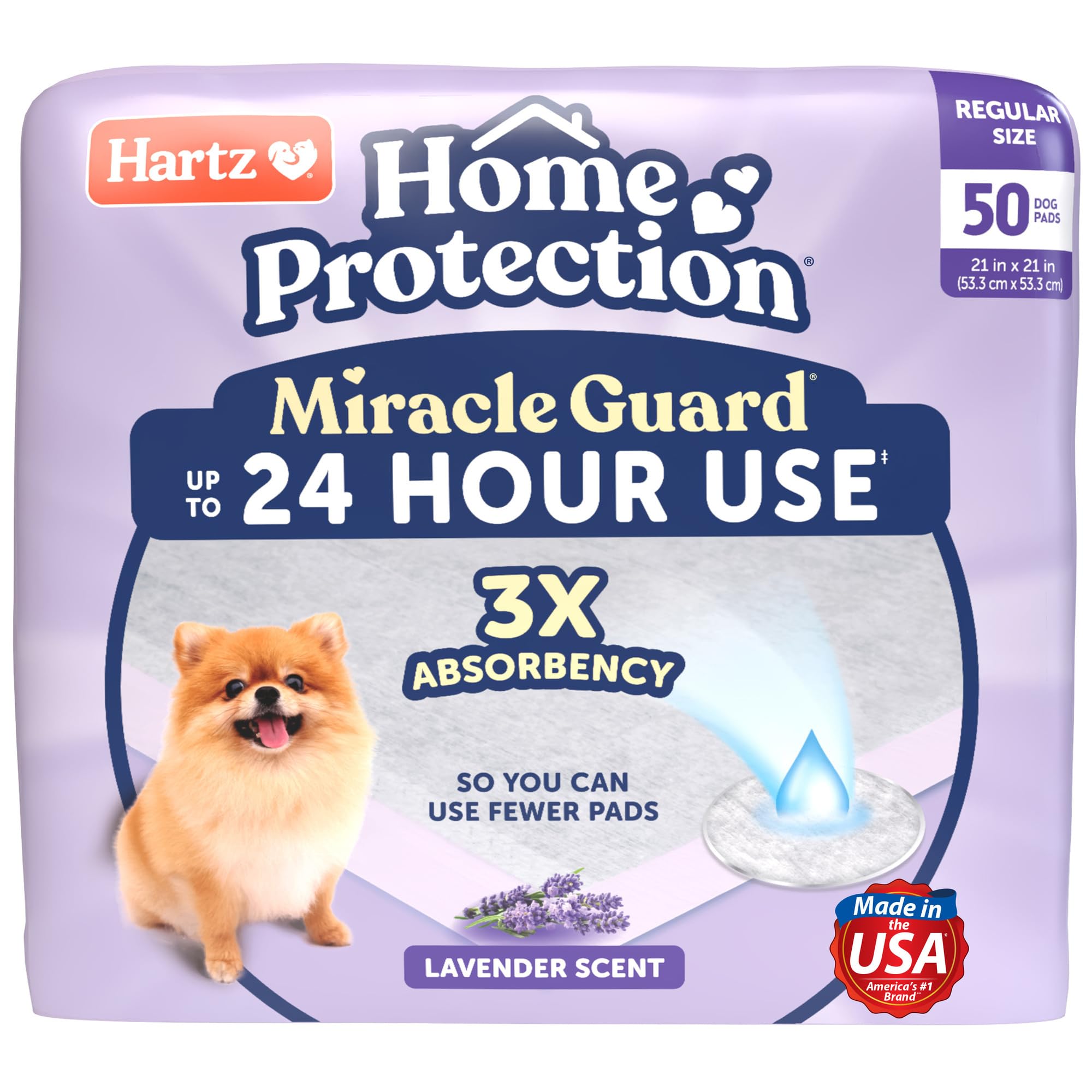 Hartz Home Protection Miracle Guard Lavender Scented Dog Pads, Regular Size 50 Count, 24 Hour Use, Won't Leak and Odor Eliminating
