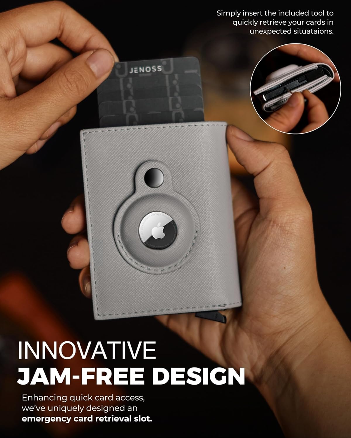 Jenoss Smart AirTag Wallet for Men & Women: Full Grain Leather, Handcrafted, Pop Up Case, Slim, RFID Blocking, Credit Card Holder, Apple Air Tag Tracker Minimalist 9-12 Slot | ID & Cash (Black& Grey) - Image 3