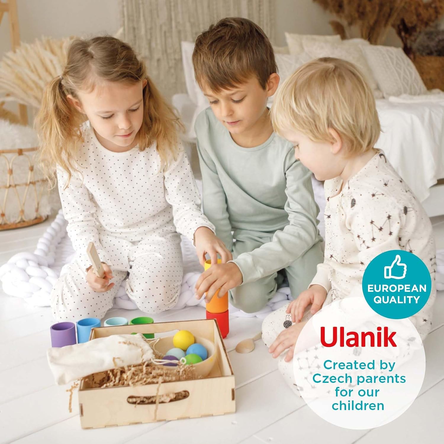Ulanik Balls in Cups Rainbow Montessori Toys for 1 Year Old | Open-ended wooden sorting set; 7 clear colors; tray and bag for easy storage