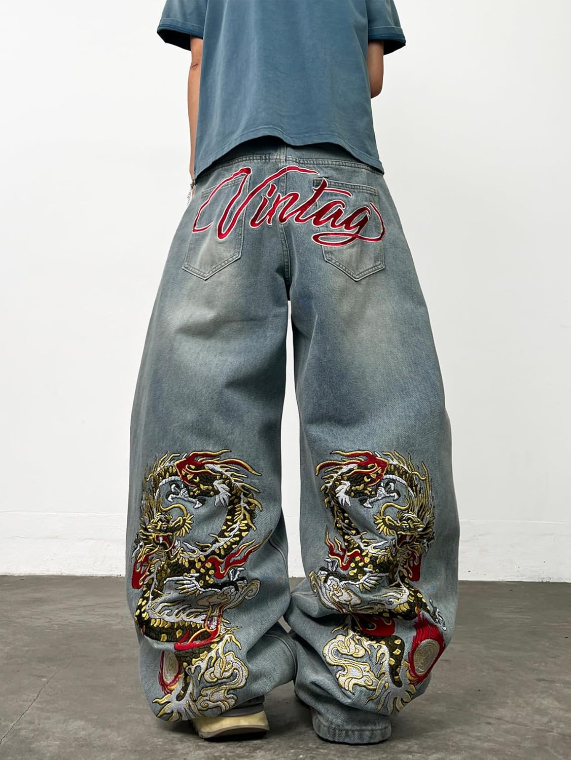 DFGIGT Men's Baggy Jeans Dragon Embroidered Wide Leg Jeans Hip Hop Loose Fit Denim Pants Streetwear