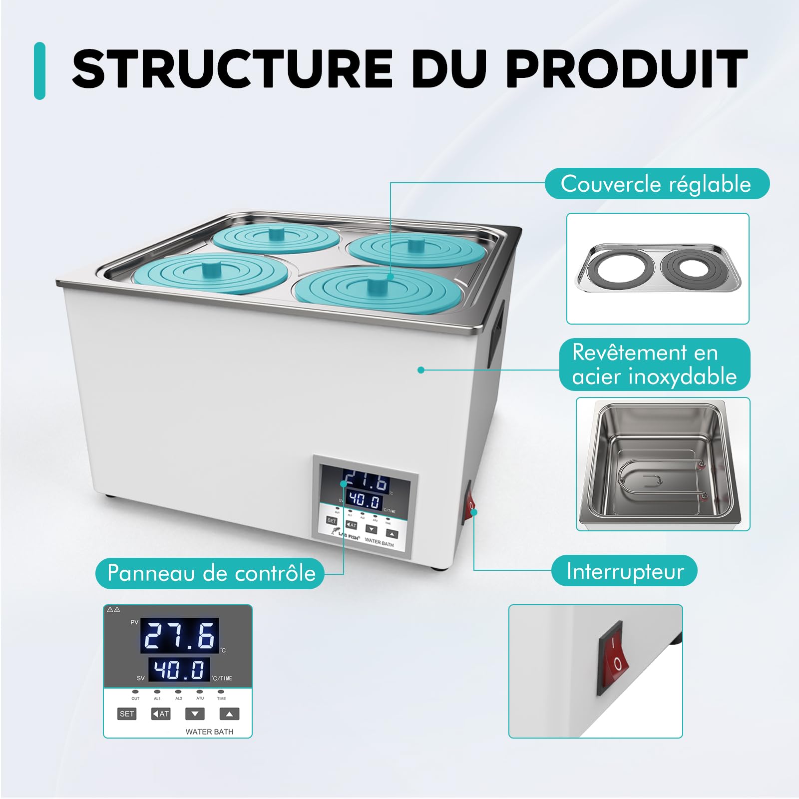 LABFISH Bain-marie numérique de laboratoire Capacité 12L Chauffage thermostatique Doublure en acier inoxydable 4 ouvertures
