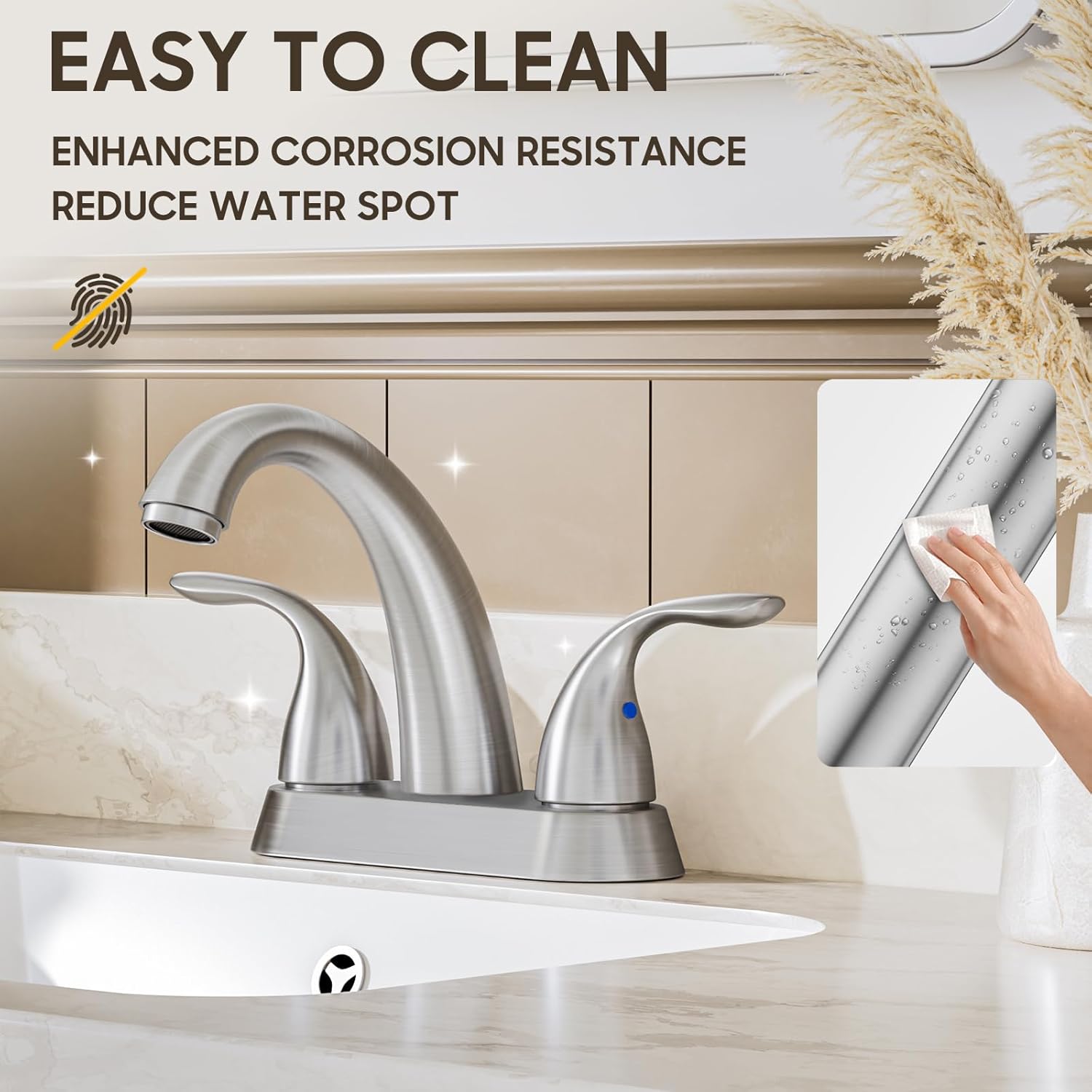 Phiestina Centerset 4 Inch Brushed Nickel 2 or 3 Holes Stainless Steel Bathroom Sink Faucet, 2 Handle Bathroom Faucet with Copper Pop Up Drain and Water Supply Lines, BF008-5-BN - Image 7