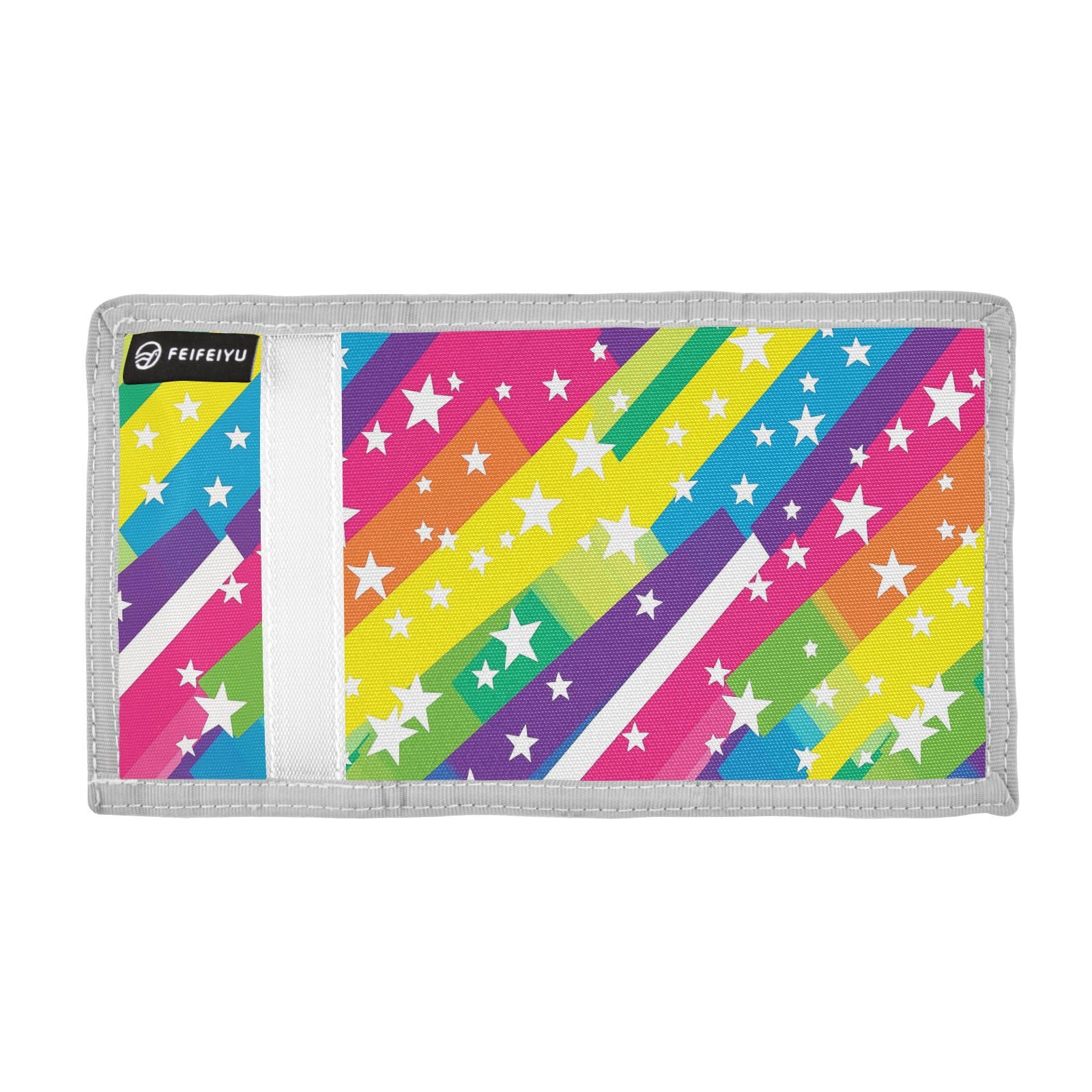 Sletend Rainbow Star Fabric Wallet for Kids Printed Front, 6 Compartments Including Zipper Pocket & ID Windows Includes Lanyard Hook Ideal for Boys Girls & Teens