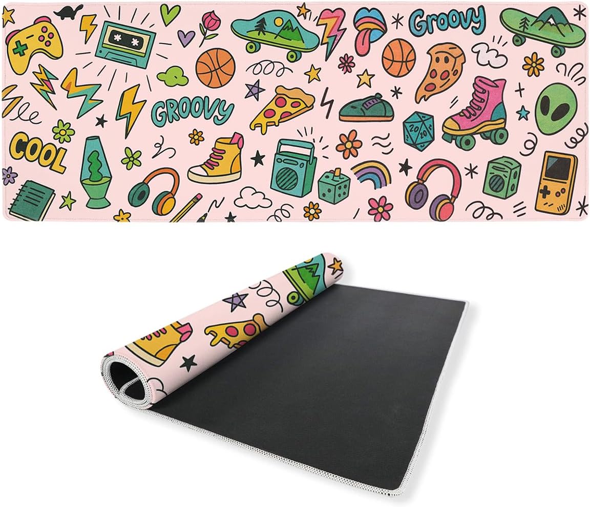 Retro Doodles Gaming Mouse Pad Large Desk Mat Skate Pizza Cassette Groovy Style Mousepad Computer Keyboard Pad Mouse Mat Laptop Mat 31.5 x 11.8 Mouse Pads for Desk Home Office Gaming