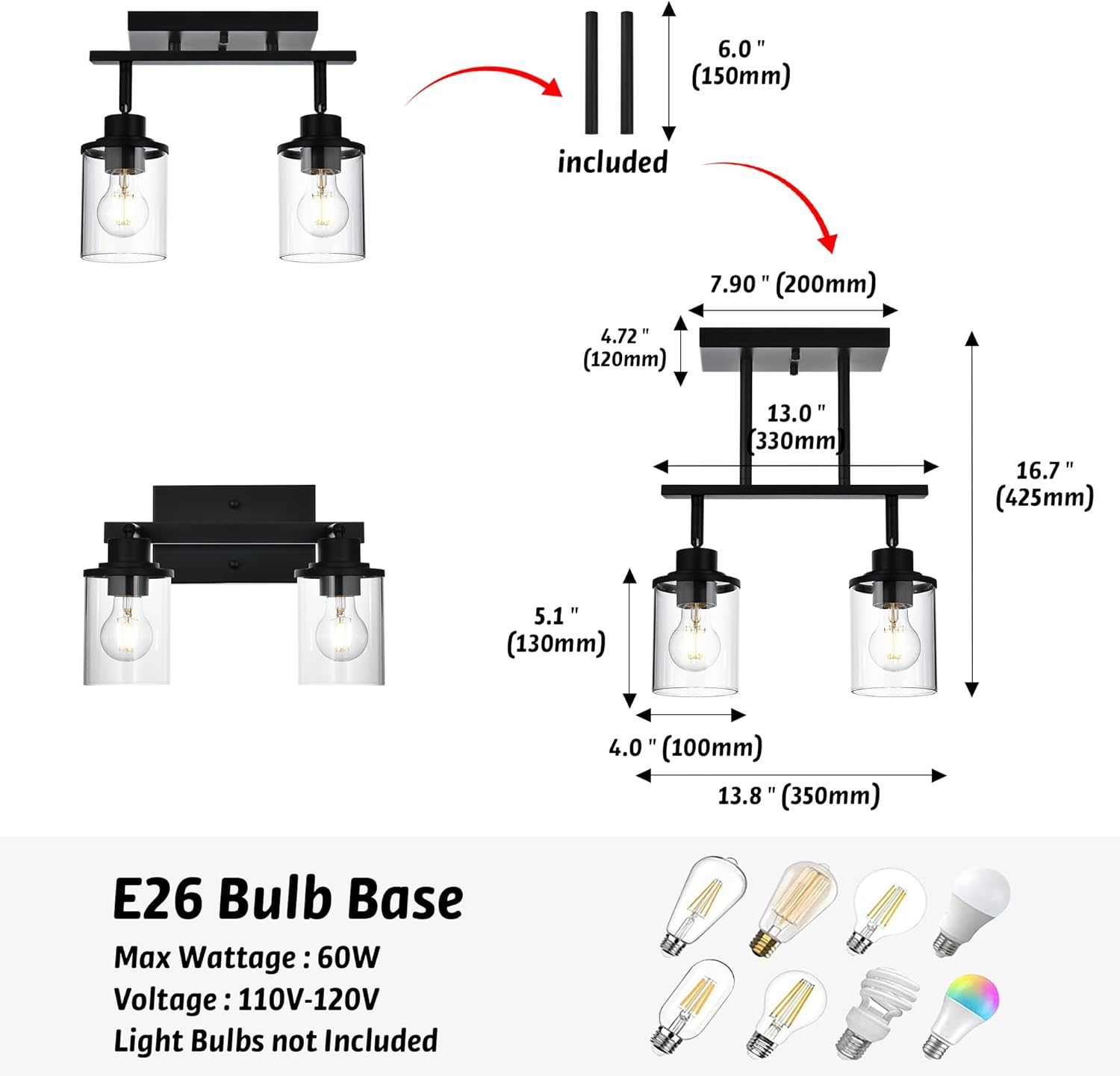 2 Light Track Lighting Kit, Black Bathroom Wall Lights with Clear Glass Shade, Ceiling Spot Lighting with Flexibly Rotatable Light Head for Kitchen Living Room Hallway