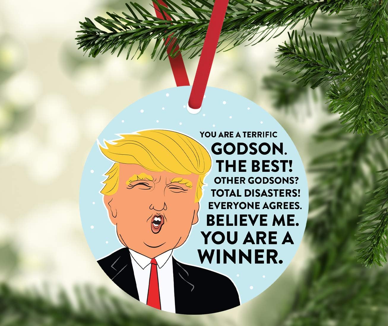 Andaz Press Round Natural Wood MDF Christmas Ornament Gift, Funny President Donald Trump, Terrific Godson, 1-Pack, Includes Ribbon, Keepsake Gifts for Family Members MAGA Democrats Republicans