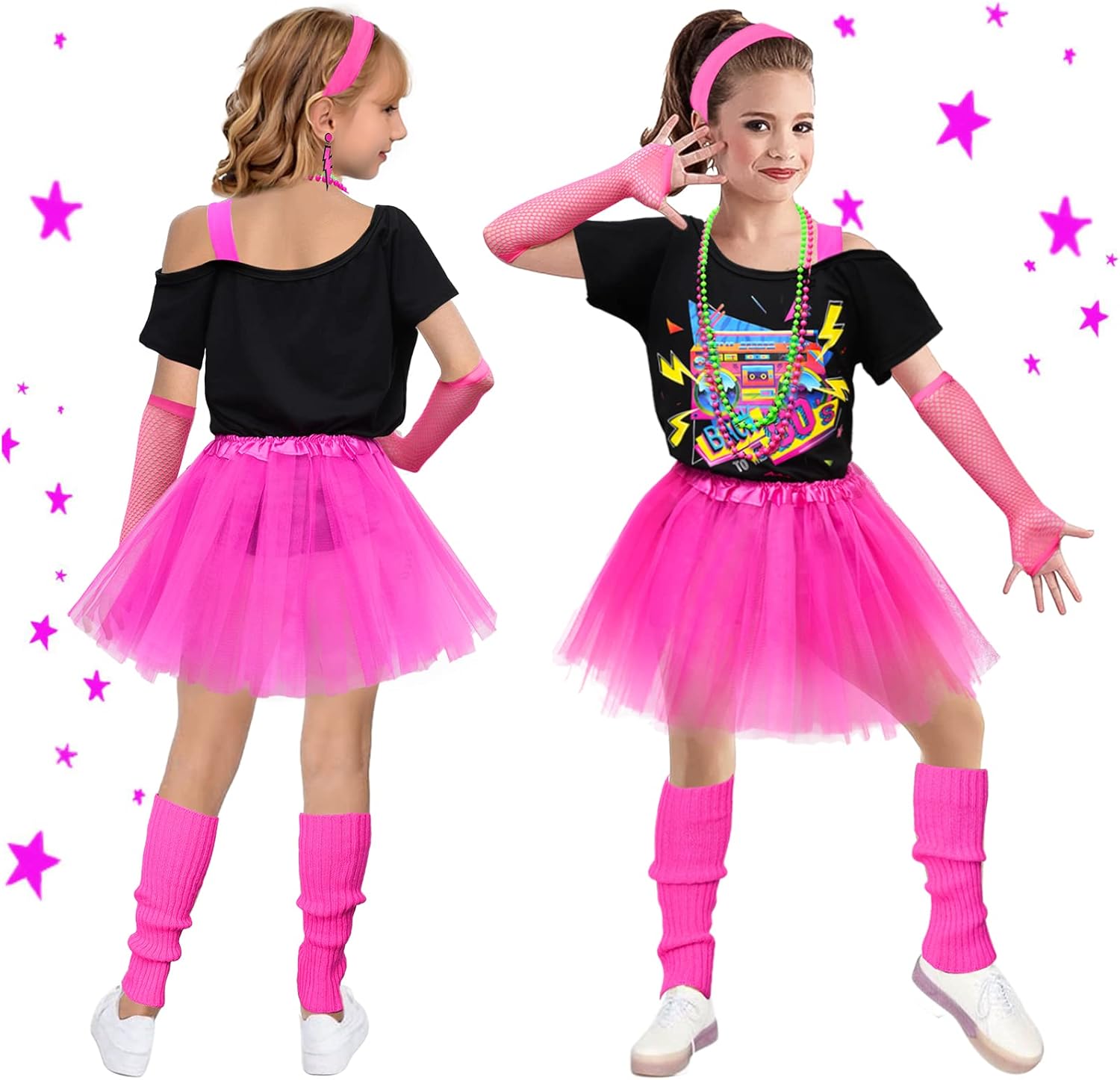 Latocos 14 Pcs 80s Costume Accessories T-Shirt Tutu Skirt Outfits Halloween Cosplay 1980s Theme Retro Party Girls - Image 3