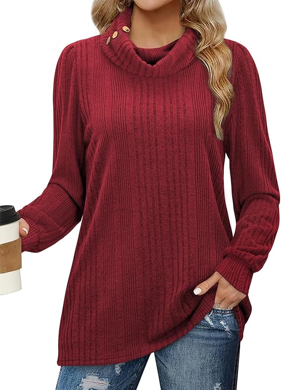 Bulotus Women's Turtleneck Tunic Sweaters Long Sleeve Ribbed Knit Comfy Loose Casual Fall Sweater