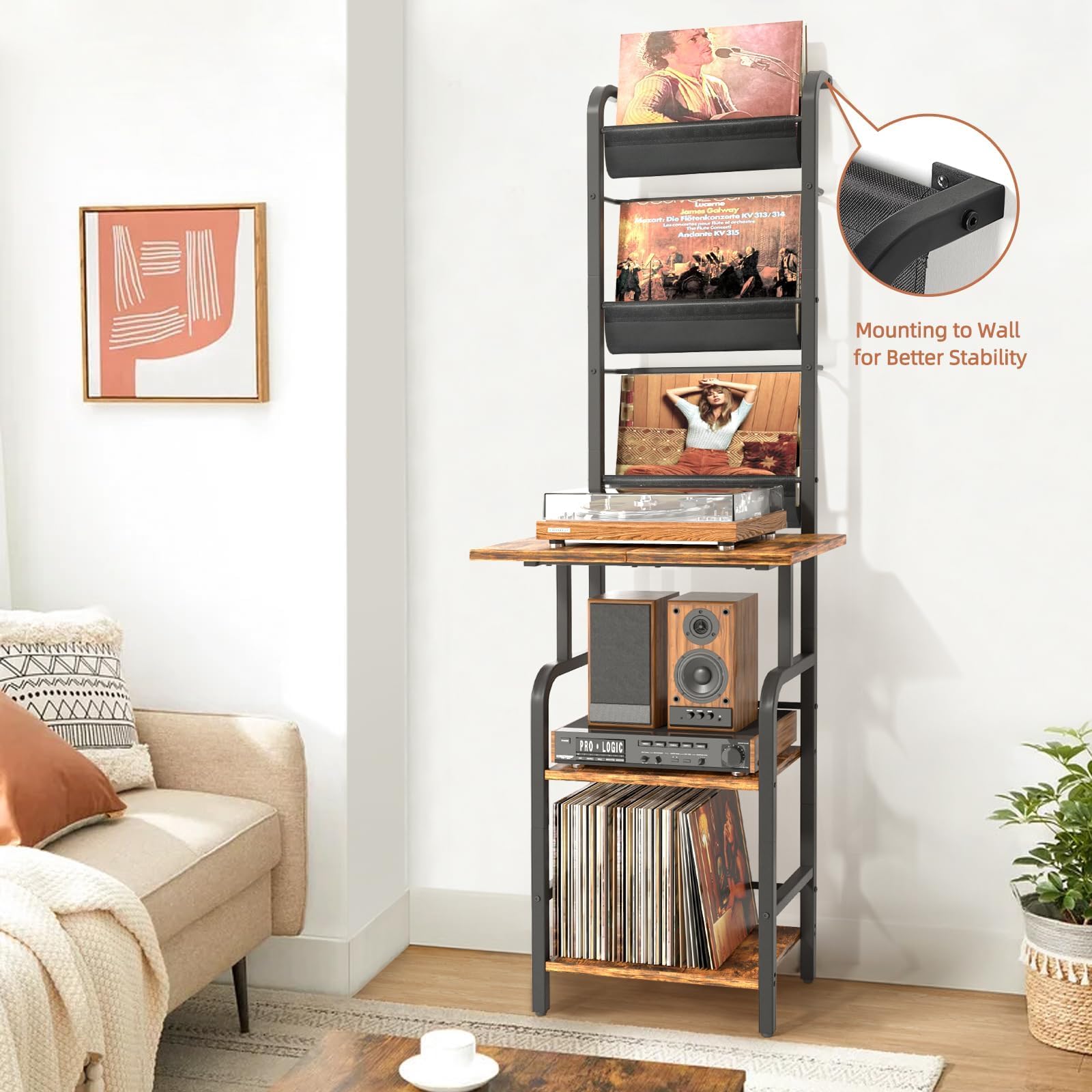 Bikoney Plattenspieler Ständer mit Schallplatten Aufbewahrung, Hoher Vinyl Regal für bis zu 200 LPs, Plattenspieler Tisch mit Wandhalterung, Vinyl Schrank für Wohnzimmer oder Schlafzimmer