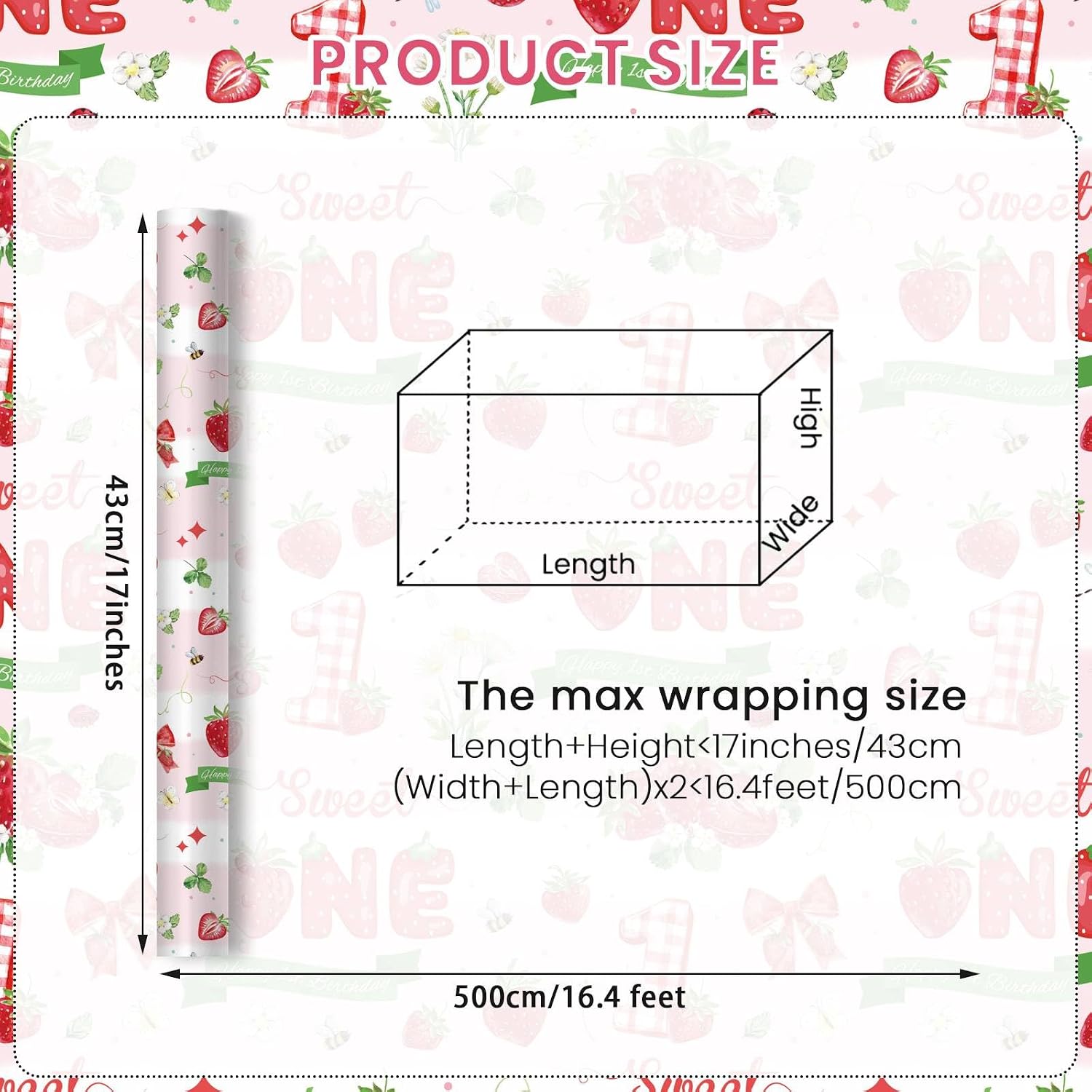 Pineraap Strawberry 1st Birthday Wrapping Paper Roll for Girls, Sweet One Gift Wrap Paper, Pink Berry Fruit 1 Year Old Gift Art Packing Paper for Baby Shower First Birthday Party, 17Inch x 16.5Feet image 2