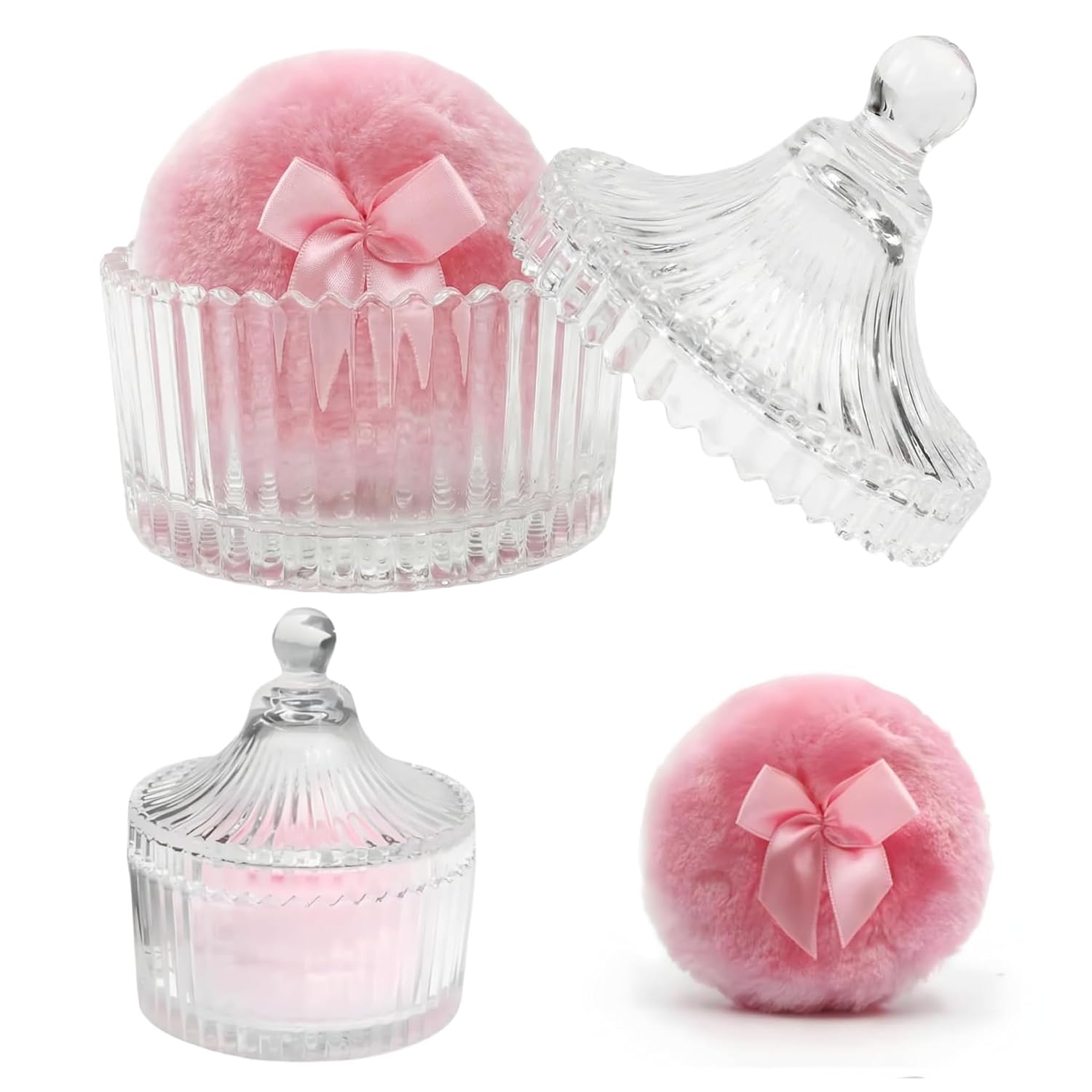 PureHabitat 2PCS Large Velour Powder Puff Set Crystal Storage Jar, Crystal Container, Soft, Washable, Reusable Velvet Facial And Body Glitter Powder Puff, Wet Dry Cosmetic