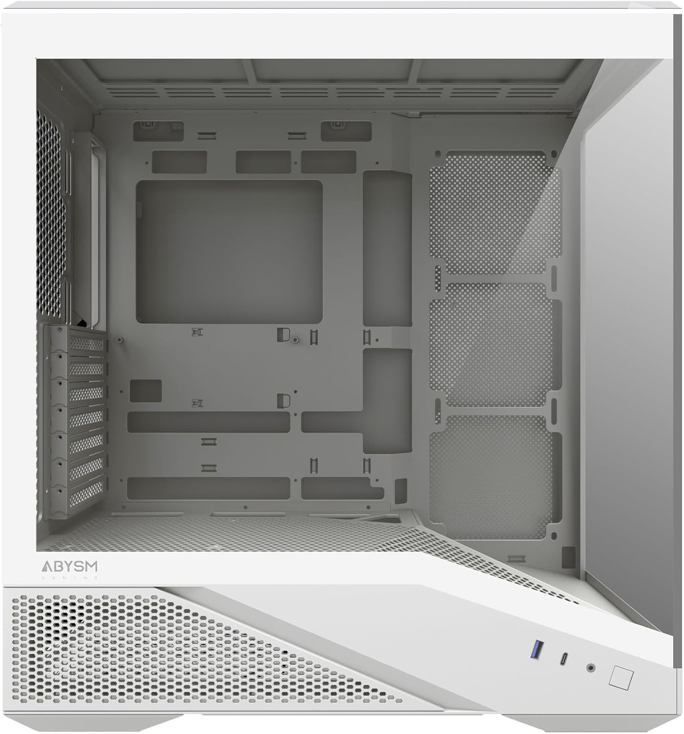 వైపు view of the Abysm Gaming Arian Frame A400 PC case with tempered glass panel