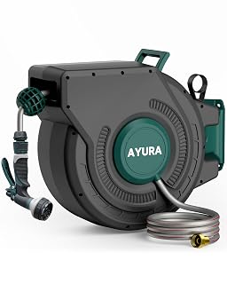 AYURA Retractable Garden Hose Reel 100 ft x 1/2 inch with Pro Metal Shaft, Heavy Duty Automatic Garden Hose Reels with Kink-Free Rewind and Lock at Any Length, Wall Mount Water Hose Reel for Outside - Amazon product rated Grade B