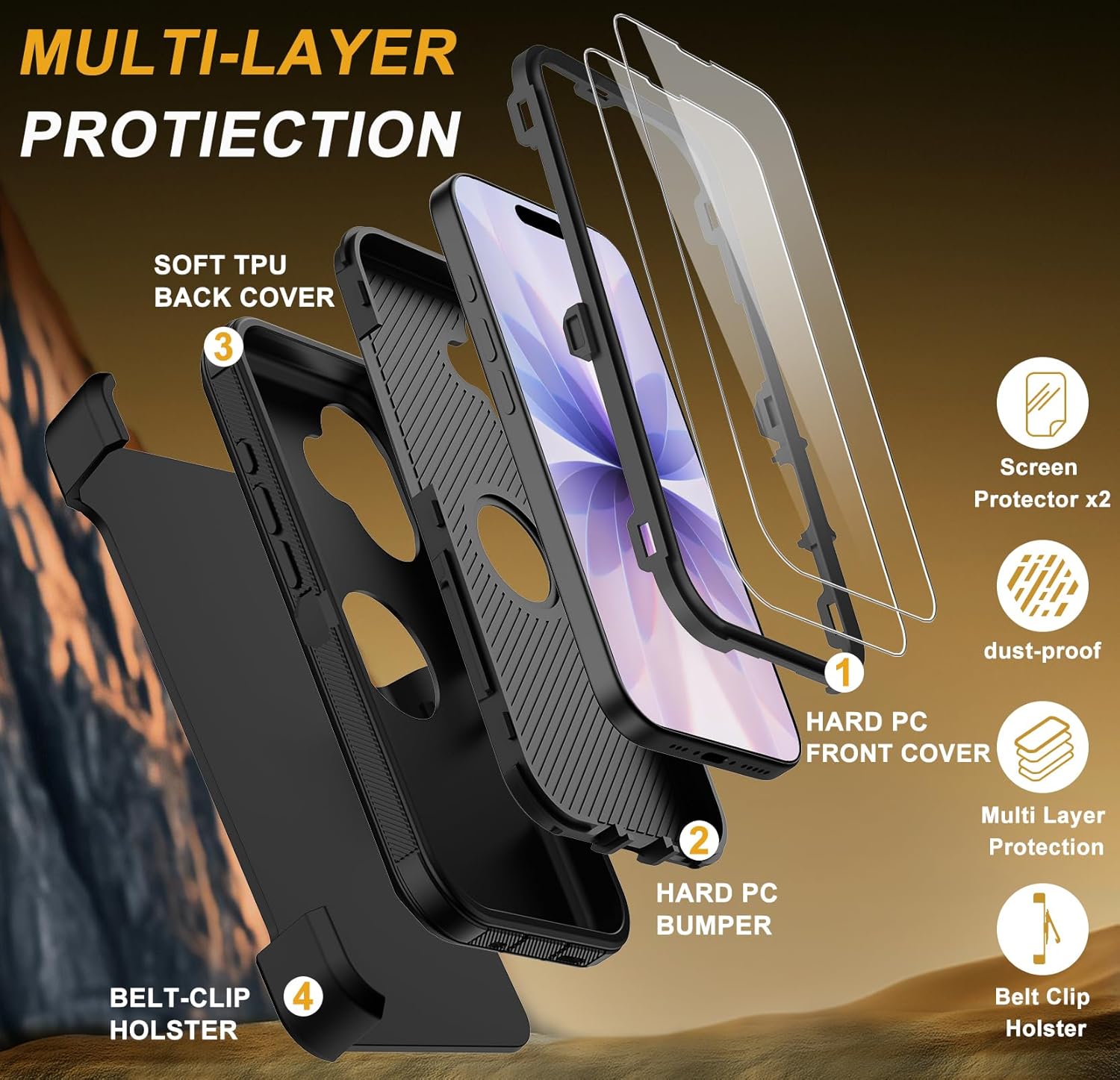 for iPhone 17 Case with Belt-Clip Holster,Military Grade Shockproof Anti-Scratch Phone Cover with 2 Screen Protector & Kickstand,Full Body Rugged Protective Case for iPhone 17 (Black)