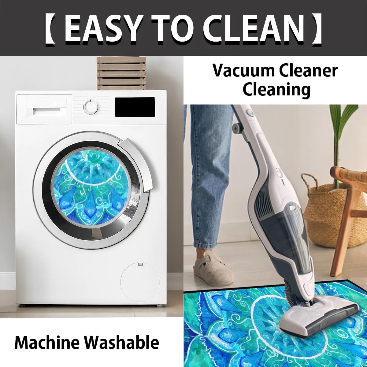 cfpolar Half Round Blue Boho Mandala Semicircle Mat, Non Slip Area Rug Soft Doormat for Front Door Indoor Entrance Welcome Mat for Garage Patio Home Decor 24 x 36 in