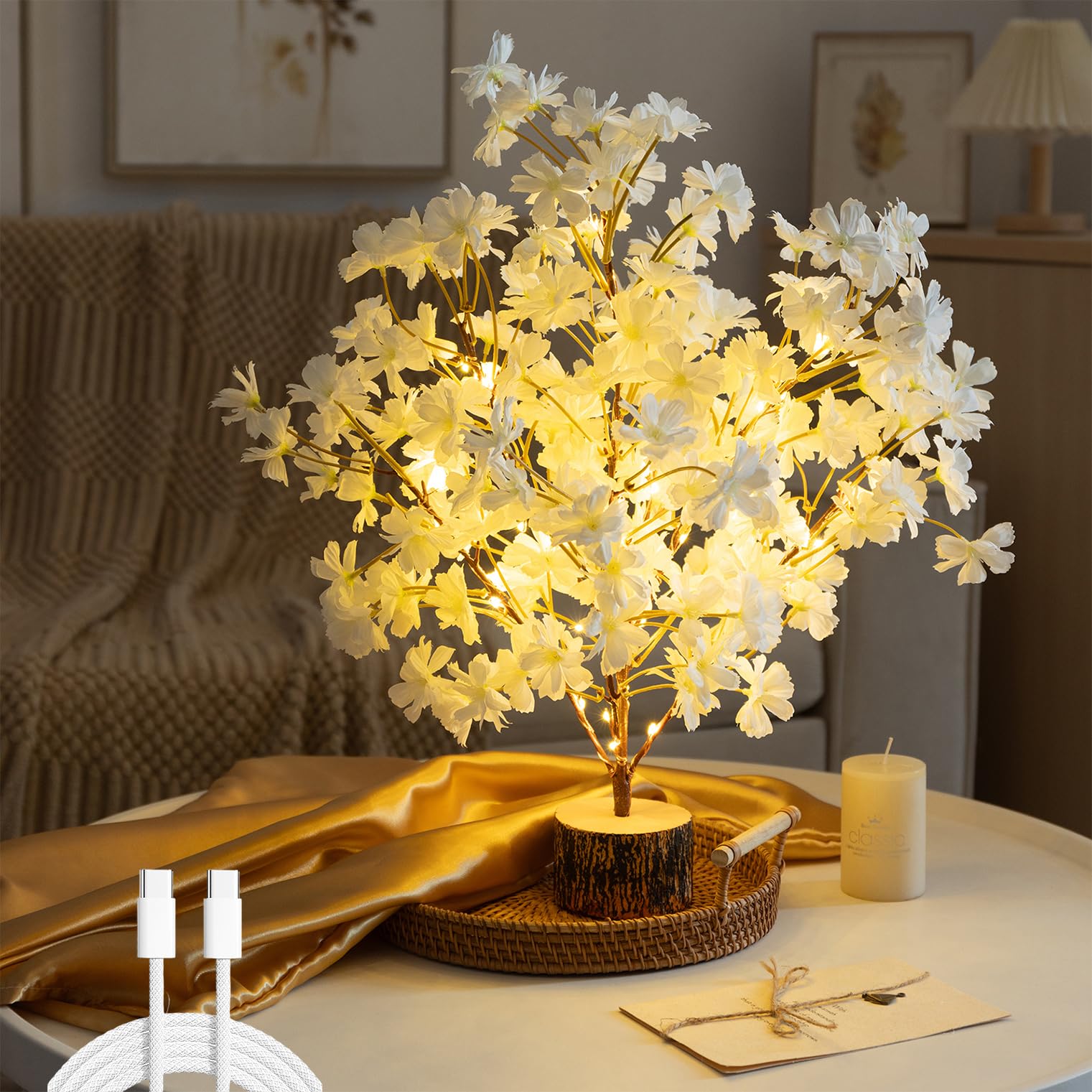 Flopttsun 19'' Light up Cherry Blossm Tree,Led Flower Tree Lamp with Timer, Artificial Bonsai Tree Battery or USB-C Operated for Bedroom Indoor Home Spring Summer Wedding Decor(White)
