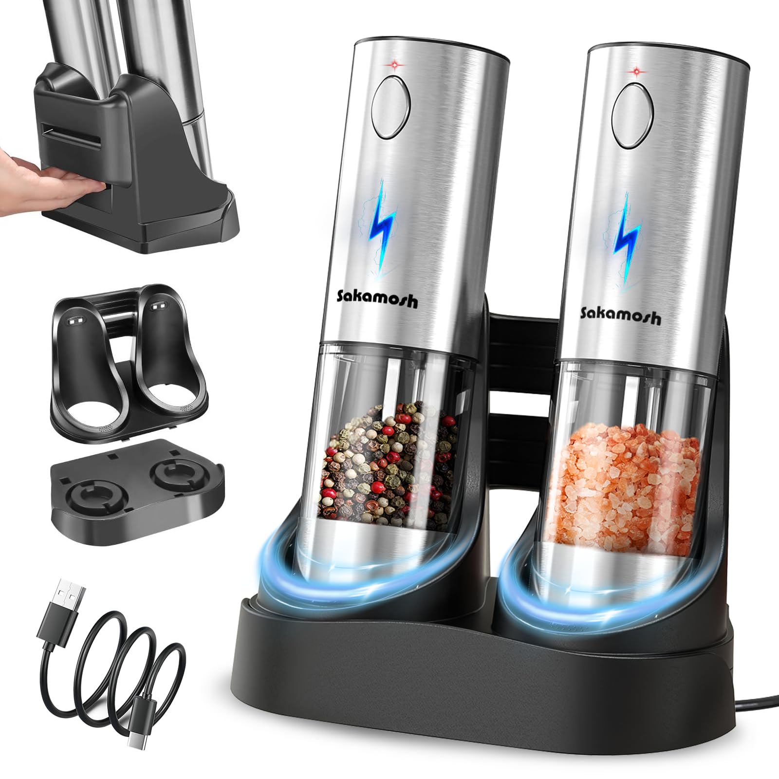 SAKAMOSH Electric Salt and Pepper Grinder Set with Charging Base, 6 Adjustable Coarseness, LED Light, Stainless Steel Automatic Pepper and Salt Mill Rechargeable (2 Packs)