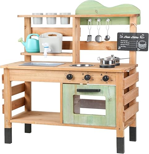 Cocina de barro para niños al aire libre, juego de cocina de madera con fregadero extraíble, grifo, estufa, pizarra y utensilios de cocina, juguete