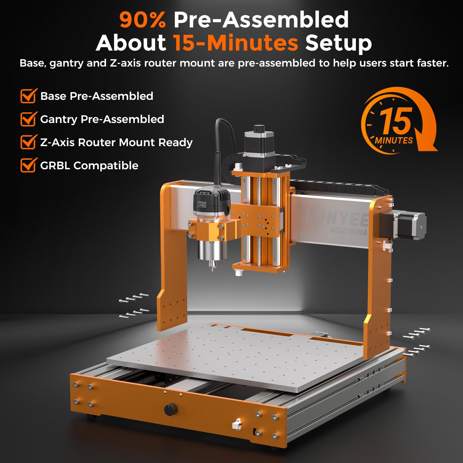 LUNYEE Máquina enrutadora CNC 4040 Nova, enrutador de 800 W con pinza ER11, rieles lineales HG15 y tornillos de bola en eje XYZ, área de trabajo de 400 x 400 mm, motores NEMA 23, CNC de escritorio
