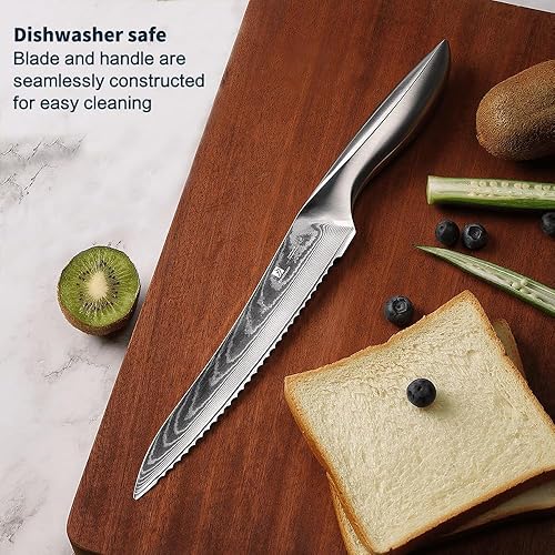 Miniatura 5 de Cuchillo de Pan de Acero Damasco 9C: Un Cuchillo Dentado de Borde Ondulado Ancho con una Hoja de Acero Inoxidable Mejorada Súper Afilada de 8