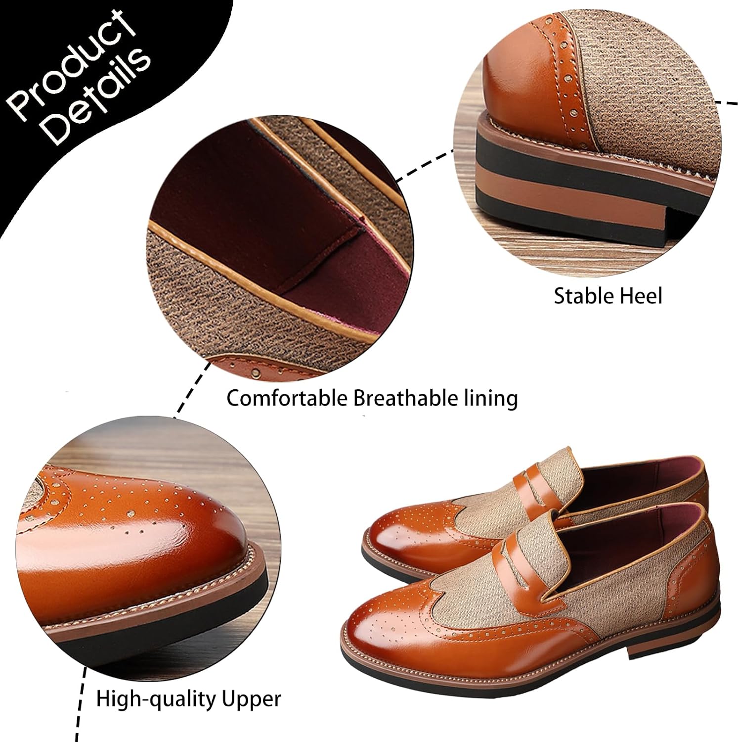 Brogue Loafers for Men's Patchwork Two Tone Color Business Office Leather Shoes Classic Pointed Toe Low Top Comfortable Chunky Heel Dress Tuxedo Formal Shoes
