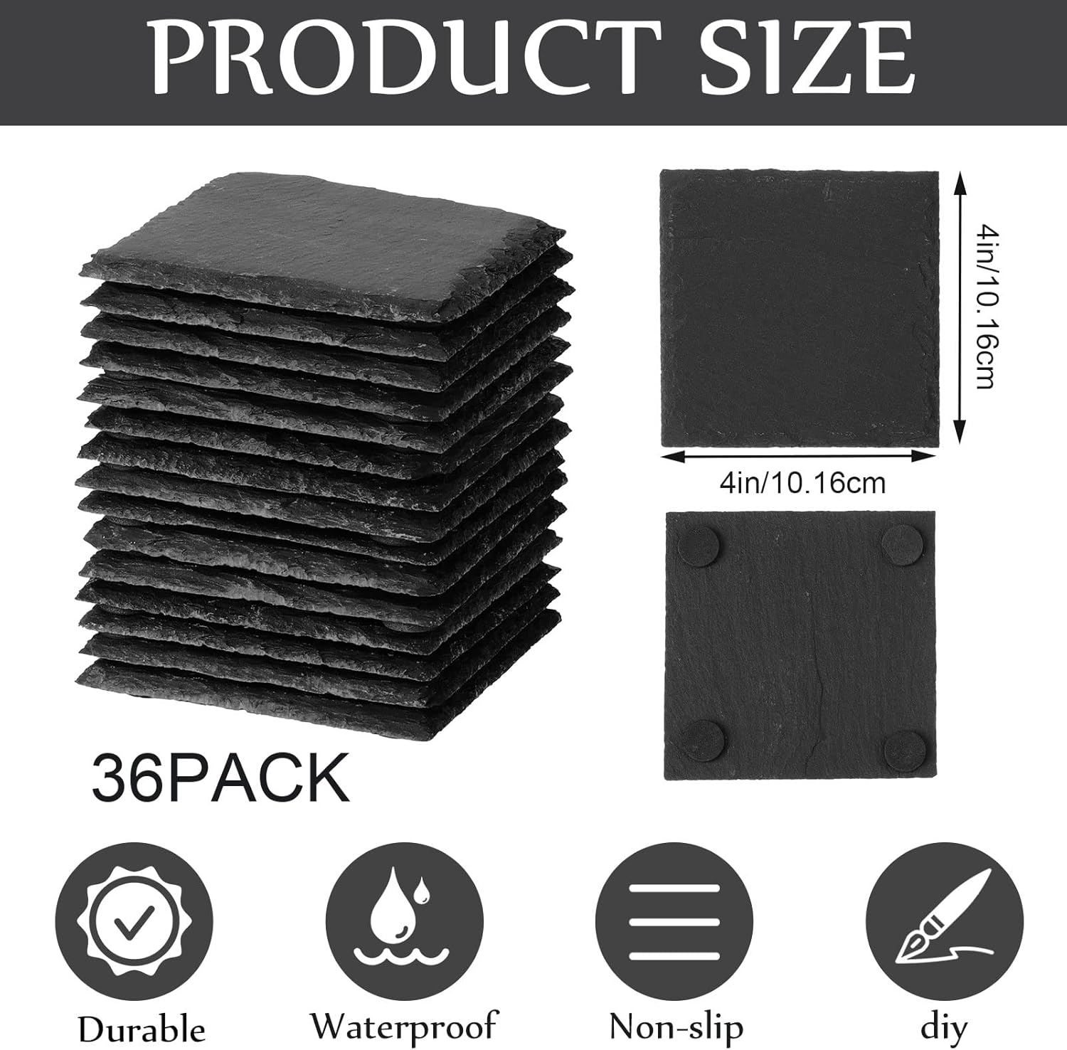 Eccliy 36 Pieces Slate Coasters Bulk, 4 x 4 Inch Square Black Slate Coasters Handmade with Anti Scratch Bottom for Coffee Table Home Housewarming Kitchen Gifts