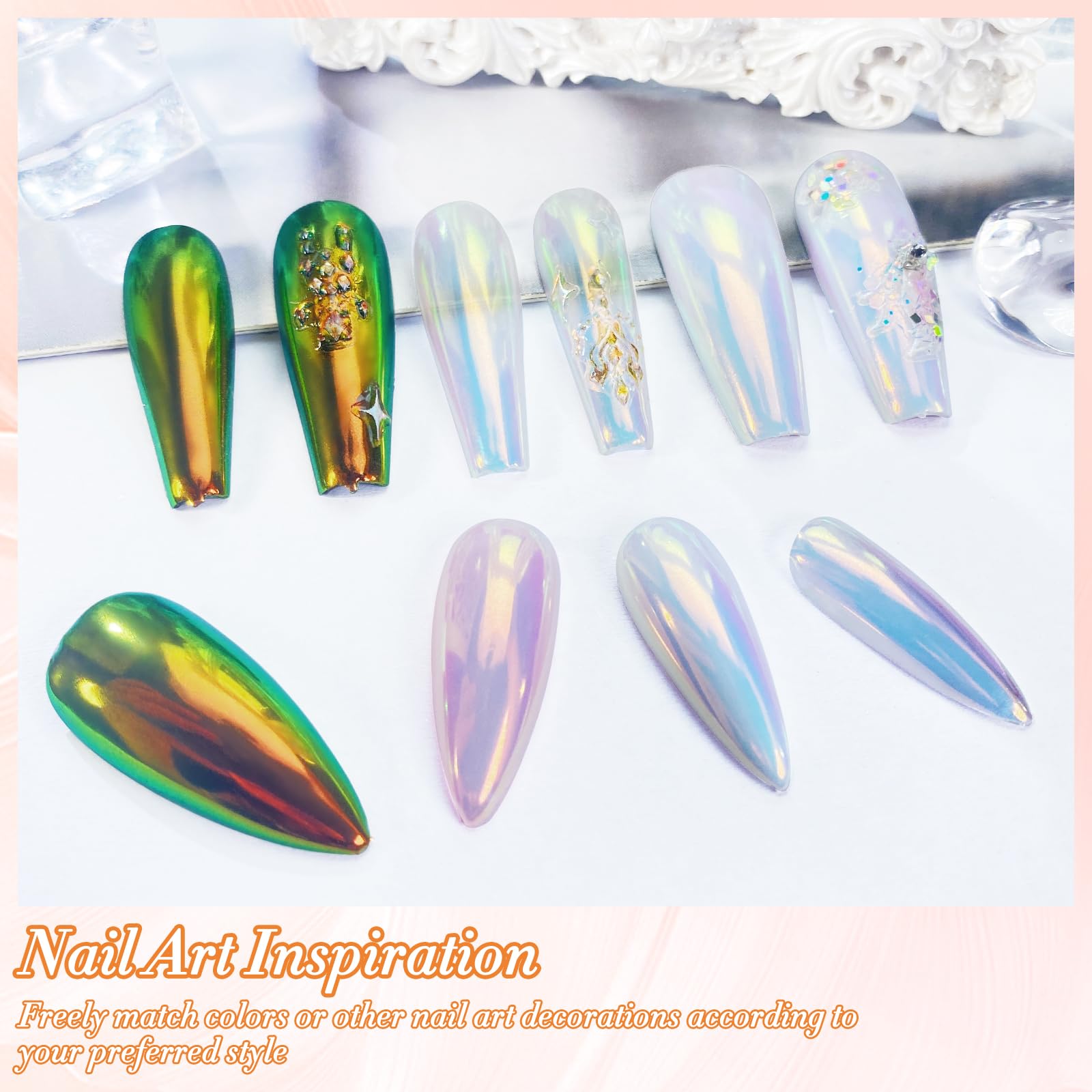 FNNZ Unicorn Chrome Nail Powder, Aurora Unichrome Mermaid Aurora Pigment Pearlescent Nail Art Glitter Dust Decoration for Home DIY Salon Manicure -