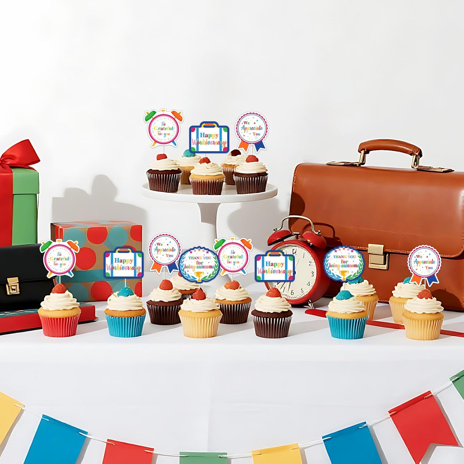 Happy Work Anniversary Decorations Colorful, 36pcs Happy Workiversary Cupcake Topper Double-sided Printed Cake Decorations for Employee Worker Office Anniversary Party Supplies image 3