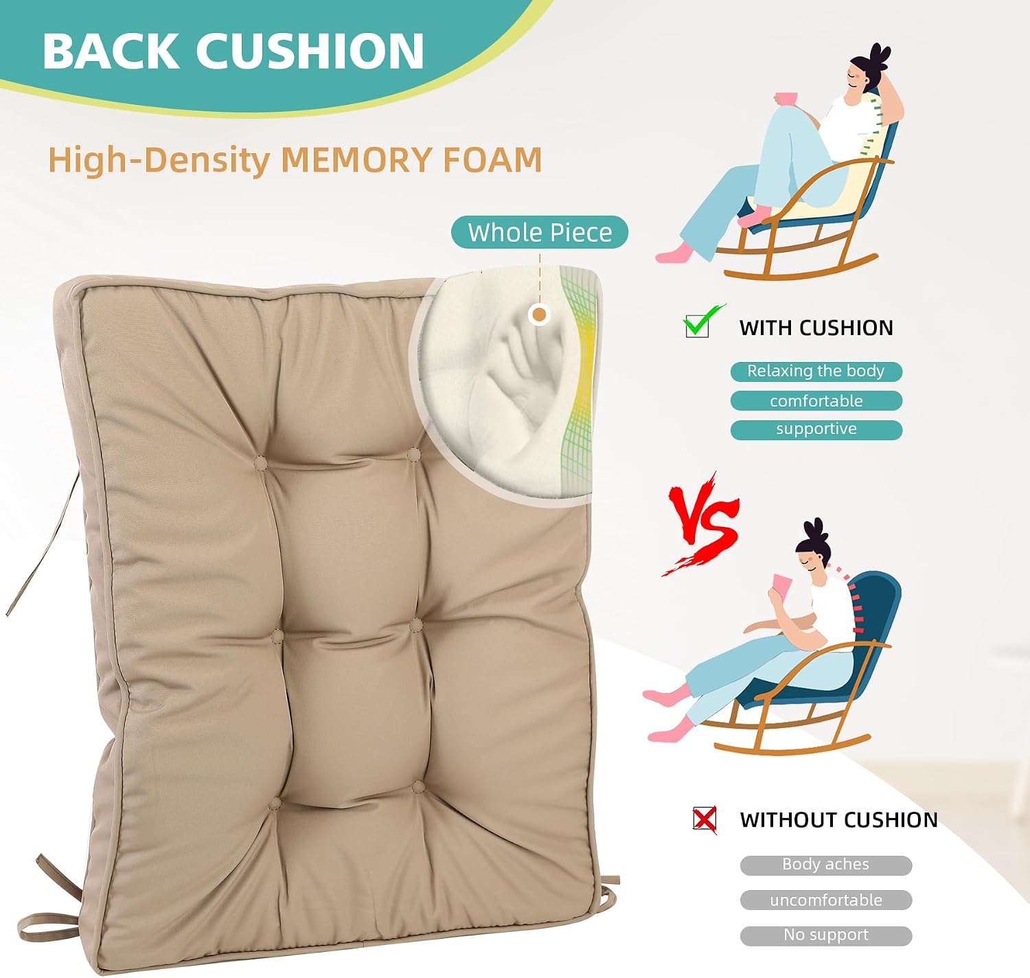 RACE LEAF Rocking Chair Cushion Set - High Back Memory Foam Patio Chair Cushions with Non-Slip Design & Ties, Indoor/Outdoor Rocker Pads, Taupe